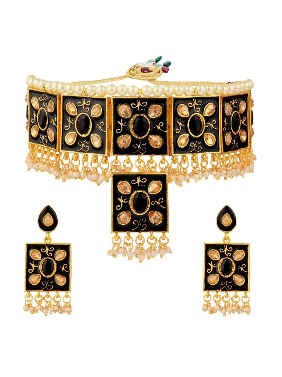

Efulgenz Gold-Plated Black Kundan Studded Choker Jewellery Set