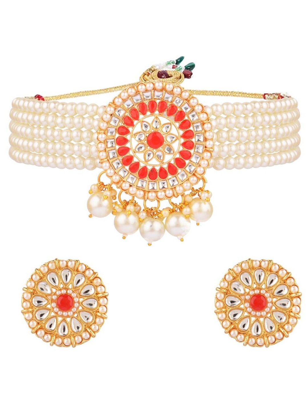

Efulgenz Red Beaded Kundan Choker Jewellery Set