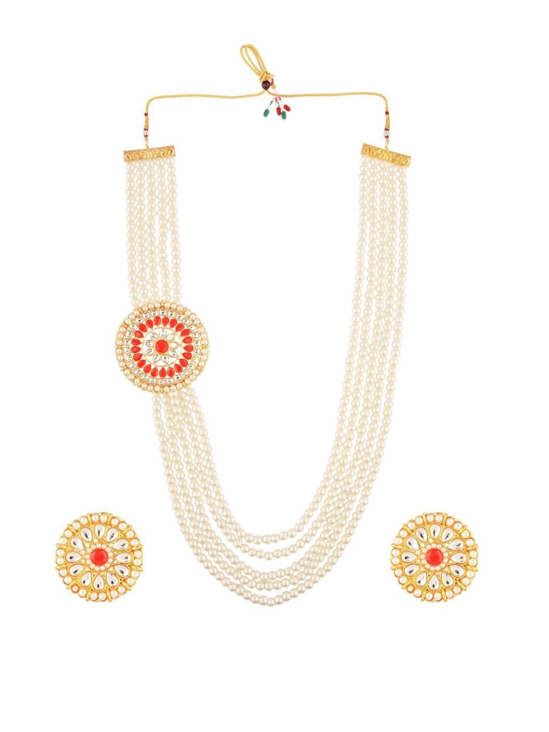 

Efulgenz Red & White Gold-Plated Pearl Studded Layered Necklace Set