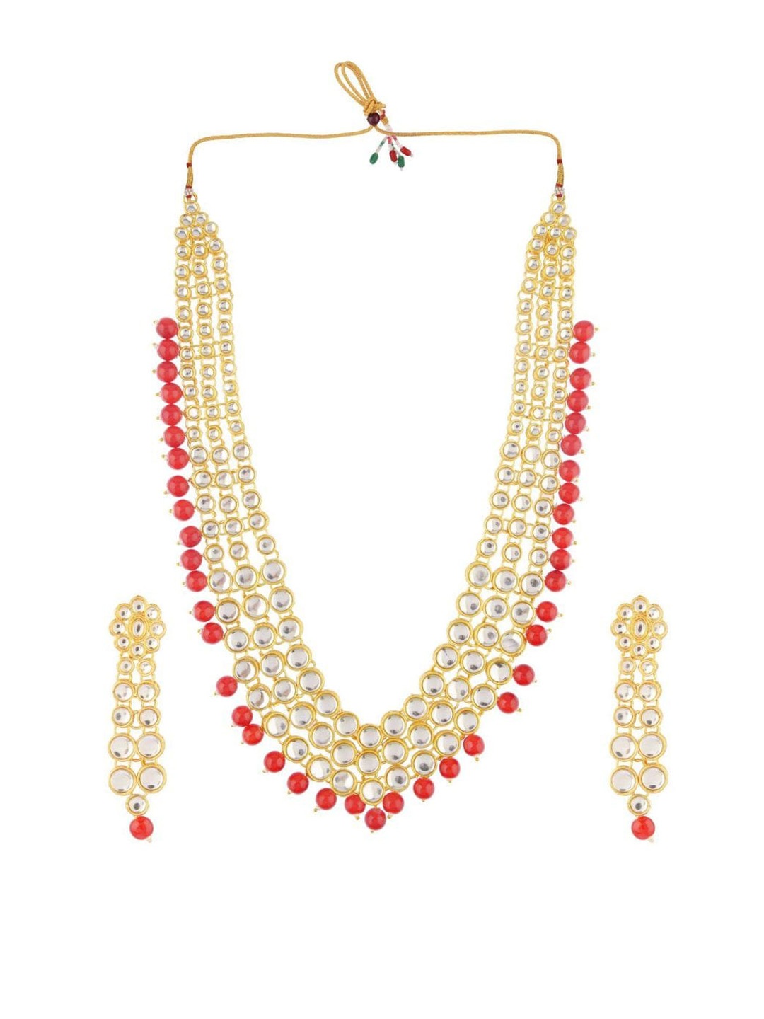 

Efulgenz Gold-Plated Red Kundan Studded Multi-Layered Jewellery Set