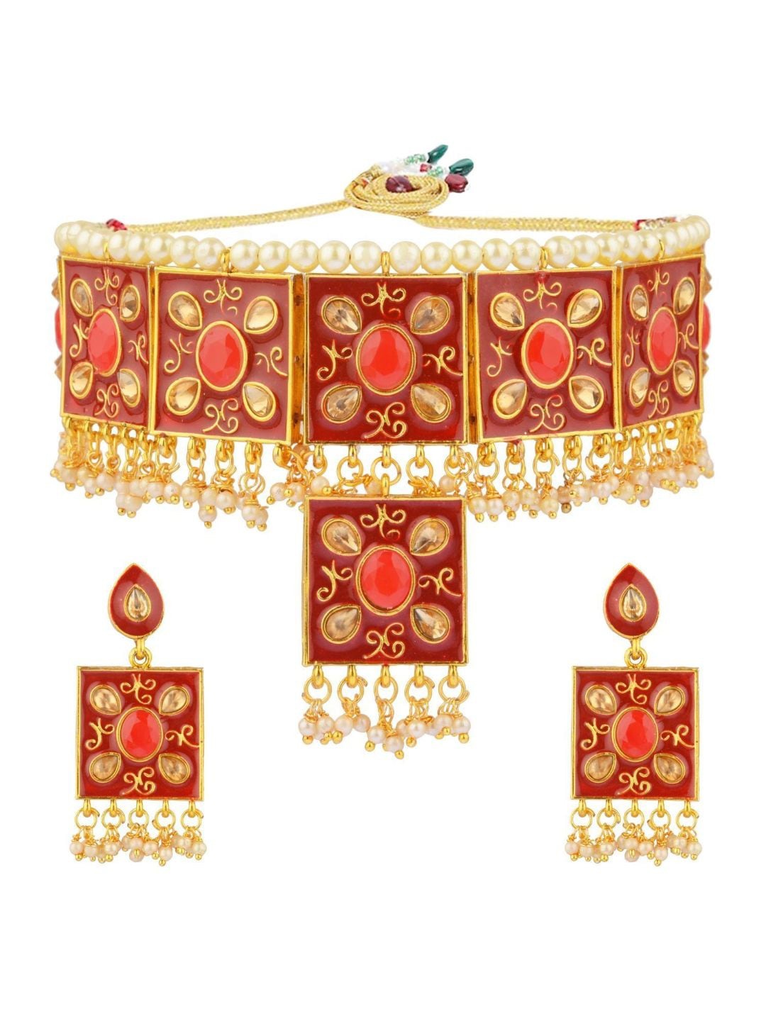 

Efulgenz Gold Plated Red & White Kundan Studded & Beaded Traditional Bridal Jewelry Set.