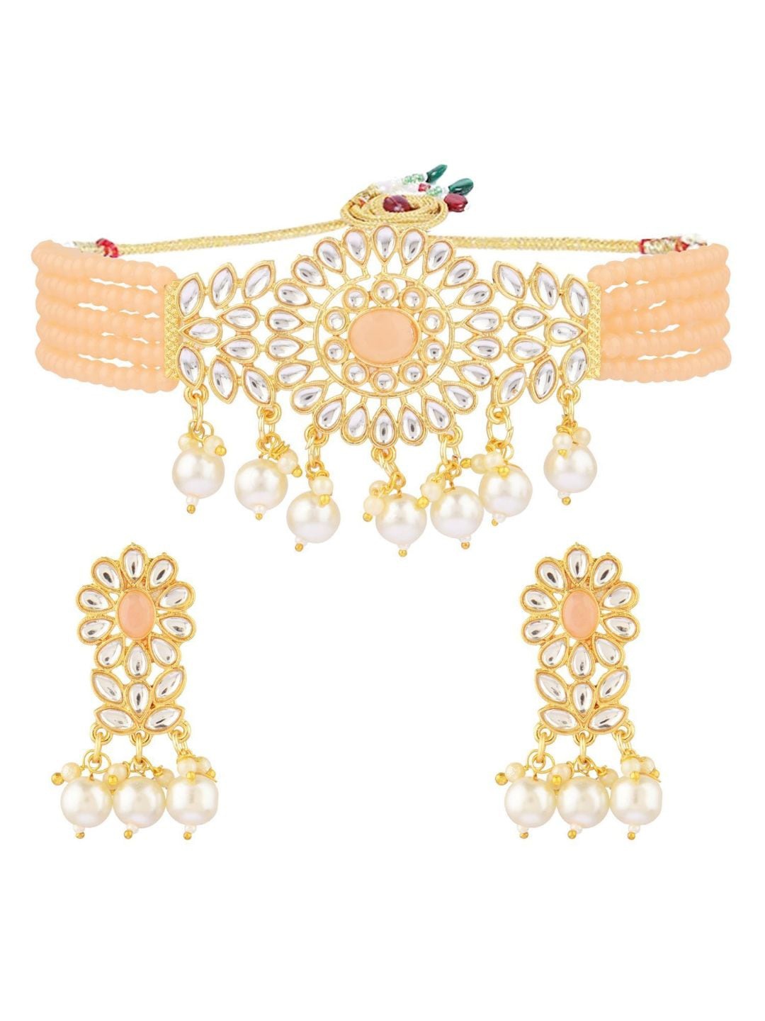 

Efulgenz Women Gold-Plated Peach-Colored Stone & Kundan Studded Pearl Beaded Jewelry Set