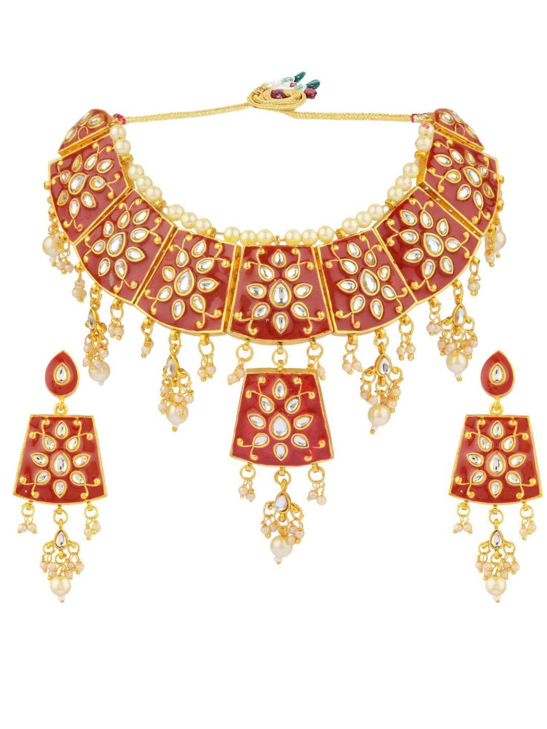 

Efulgenz Gold-Plated Red Kundan Studded Bridal Jewellery Set