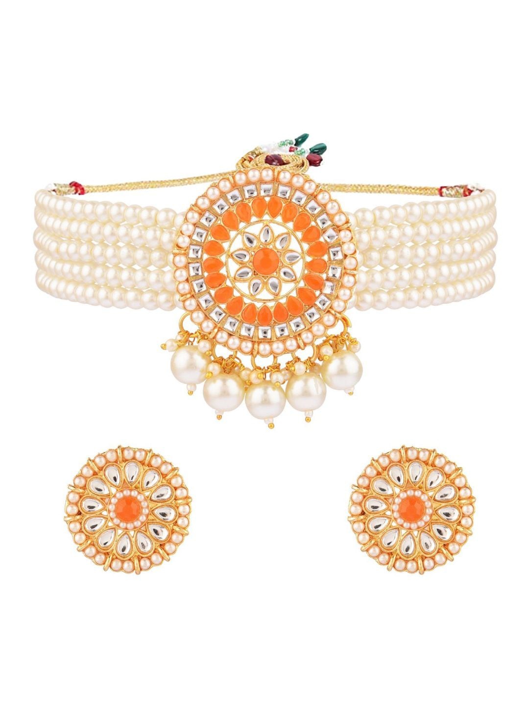 

Efulgenz Gold-Plated Orange & White Faux Pearl Beaded & Studded Jewellery Set