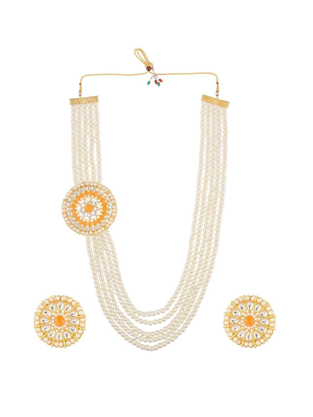 

Efulgenz Gold-Plated White Kundan Studded Orange Faux Pearl Beaded Jewellery Set