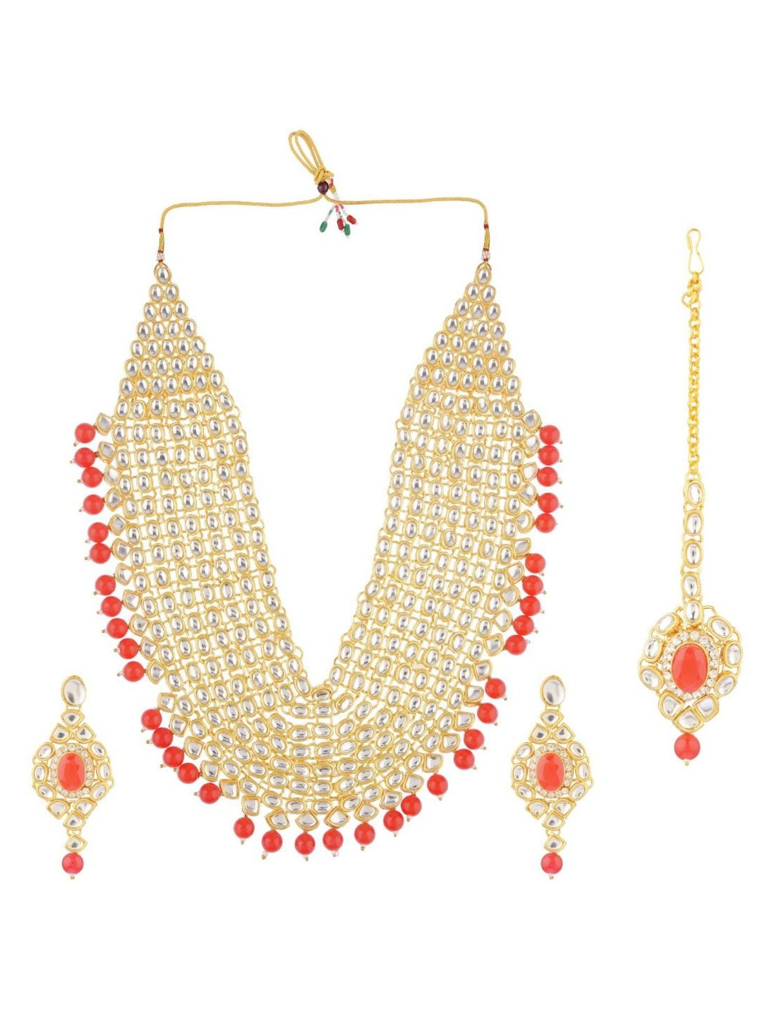 

Efulgenz White & Red Crystal Kundan Golden Layered Jewellery Set, Gold
