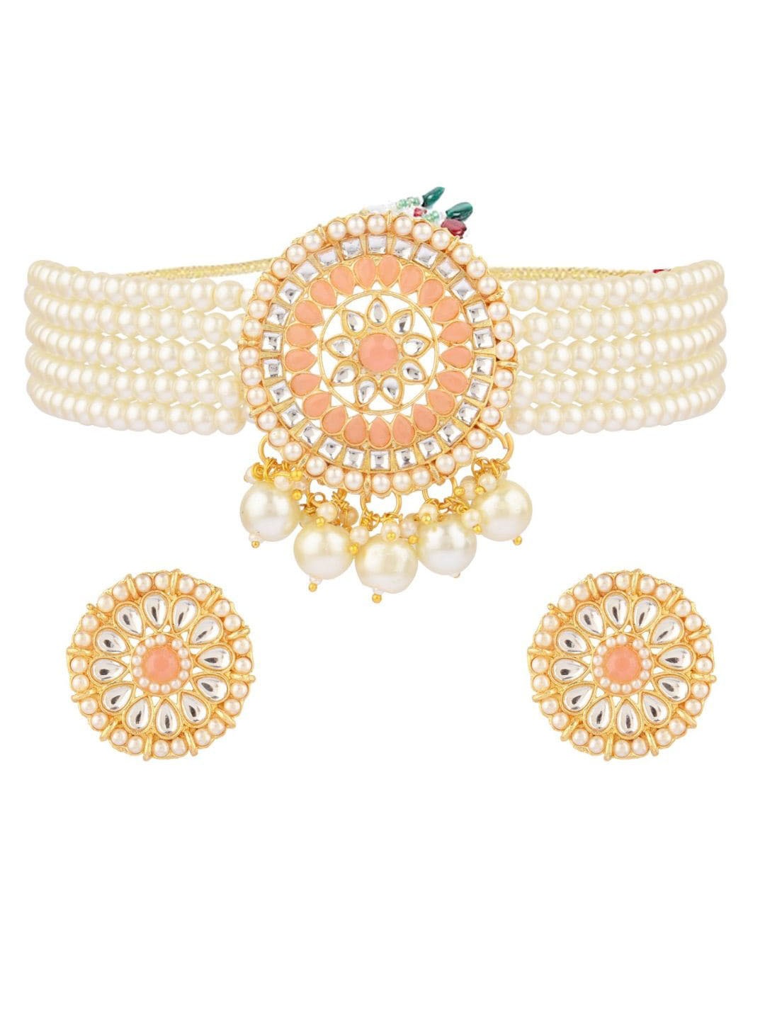 

Efulgenz Gold-Plated Peach Toned Kundan Studded Choker Jewellery Set