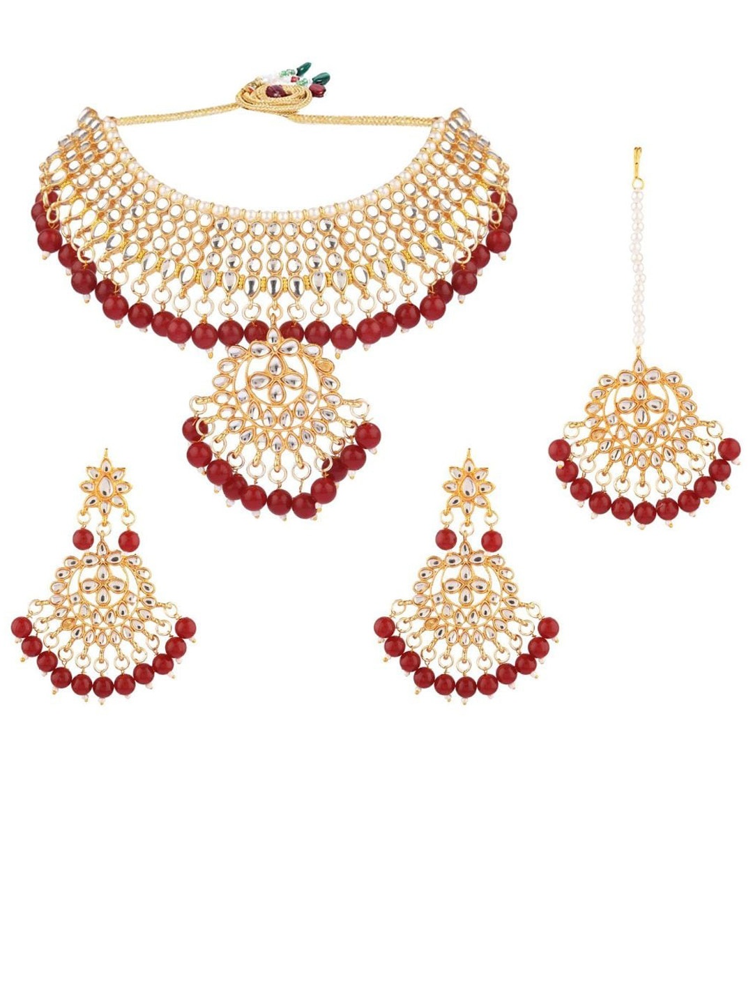 

Efulgenz Gold-Plated Maroon Red Kundan-Studded & Beaded Jewellery Set