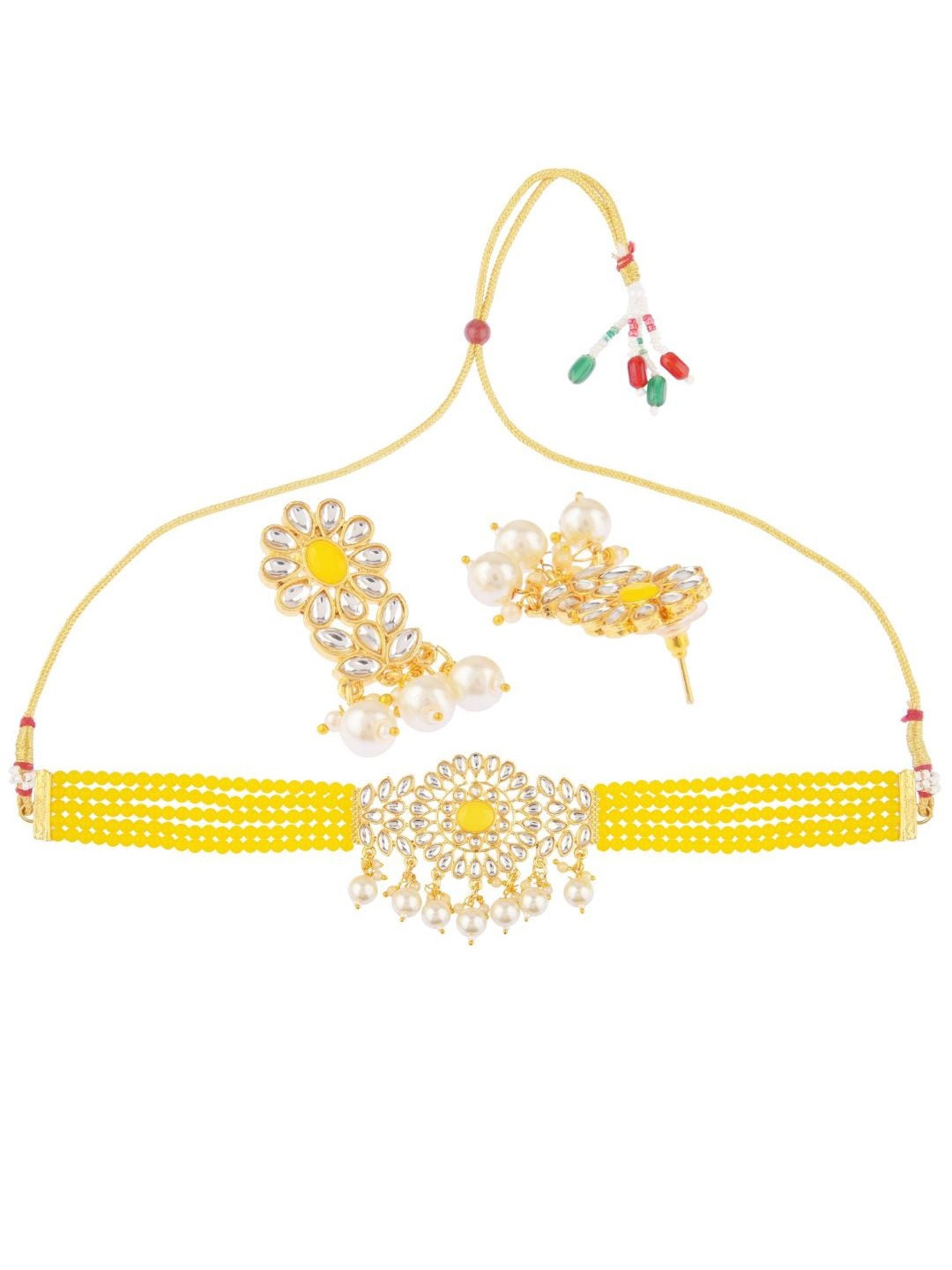 

Efulgenz Gold-Plated Yellow & White Kundan Studded Jewellery Set