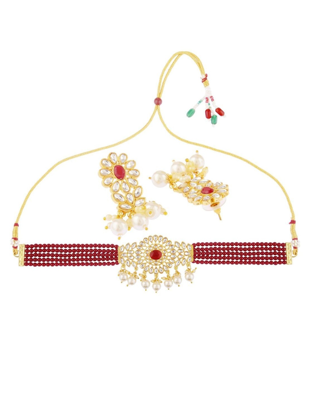 

Efulgenz Gold-Plated Maroon Stone & Kundan Studded Pearl Beaded Jewellery Set