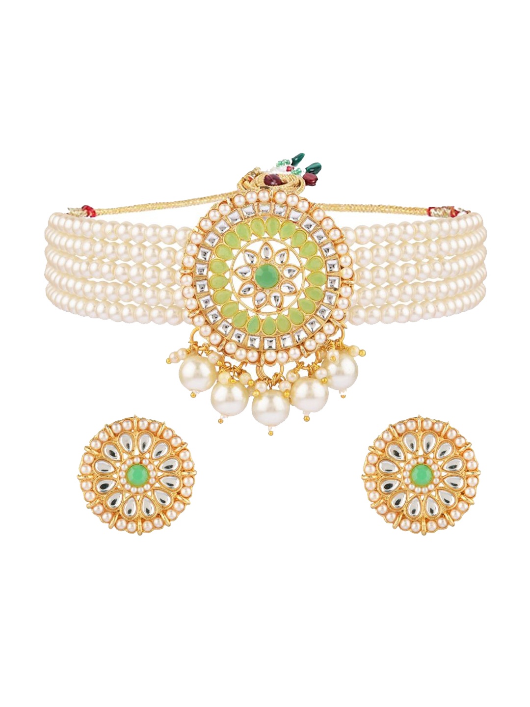 

Efulgenz Gold-Plated Lime Green Stone-Studded & Pearl Beaded Jewellery Set