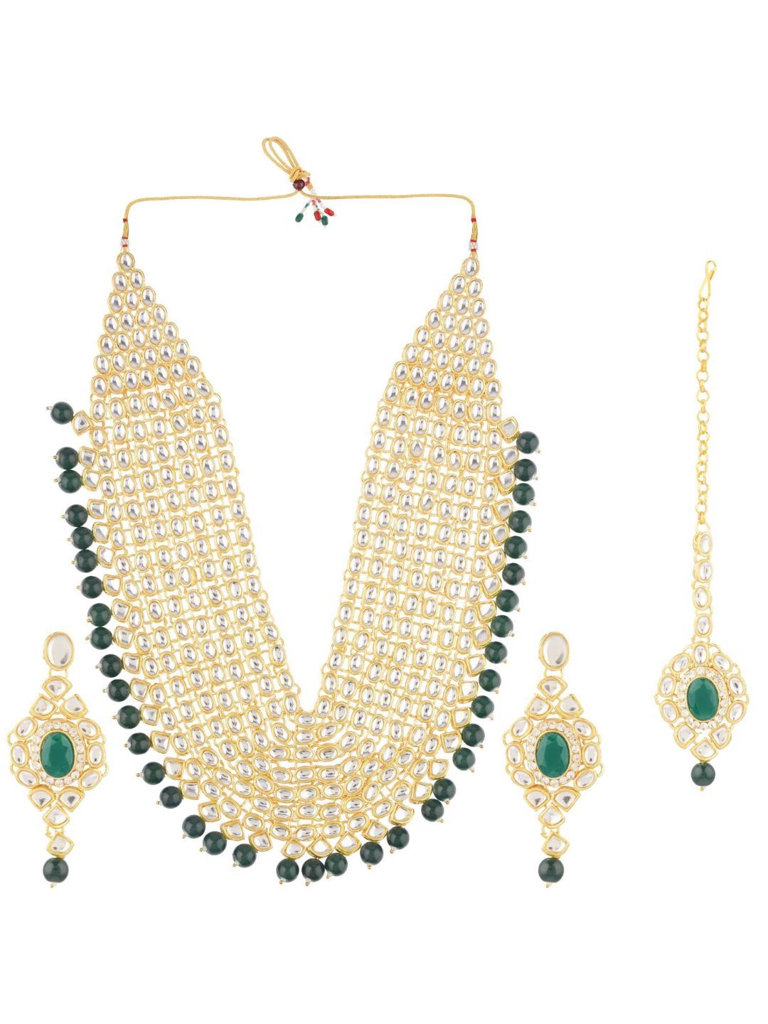 

Efulgenz Gold-Plated Green Kundan Studded Bridal Jewellery Set