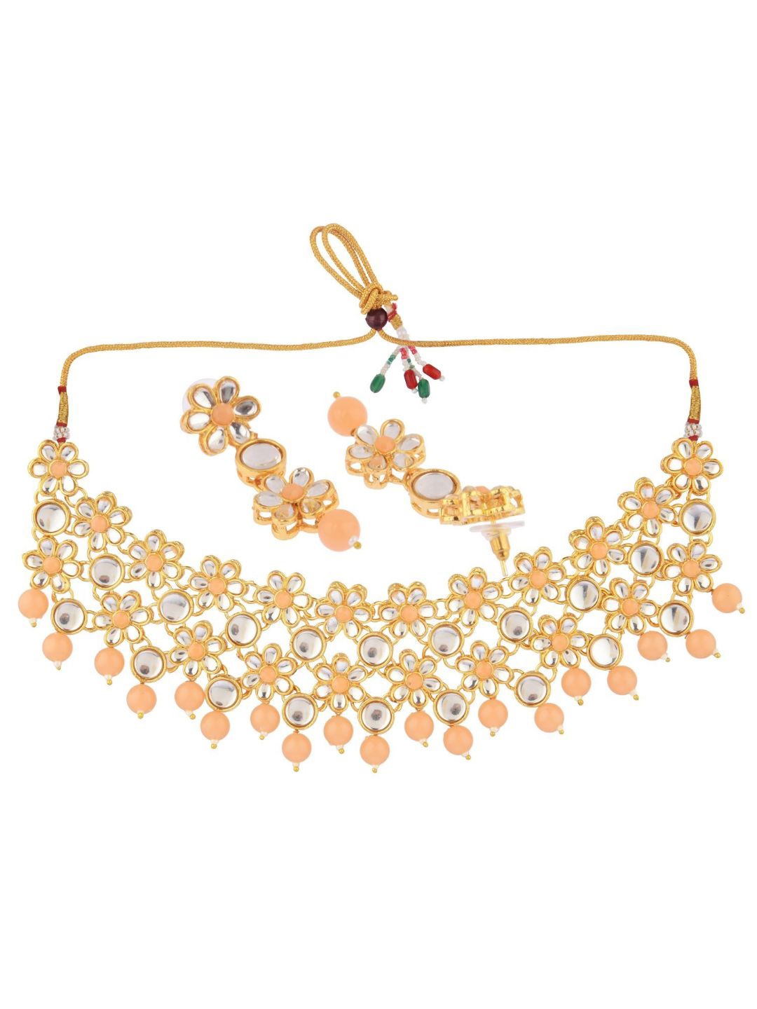 

Efulgenz Gold-Plated Peach Stone & Kundan Studded Pearl Beaded Jewellery Set