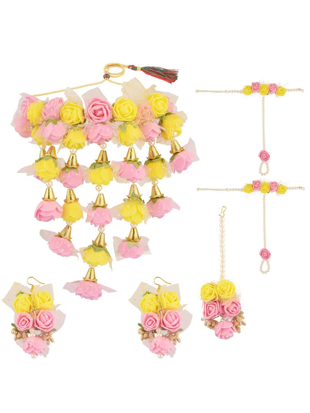 

Efulgenz Gold-Plated Pink & Yellow Flower-Studded & Beaded Jewellery Set