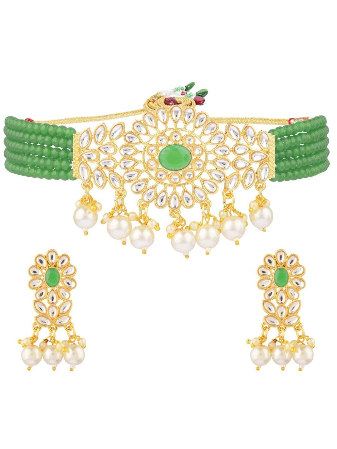 

Efulgenz Gold-Plated White & Green Kundan-Studded & Faux Pearl Beaded Jewellery Set