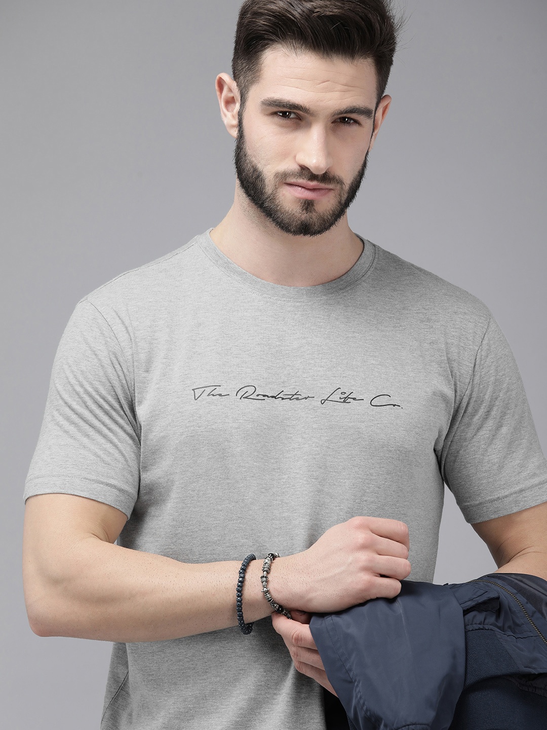 

Roadster Men Grey Melange Typography Printed Pure Cotton T-shirt