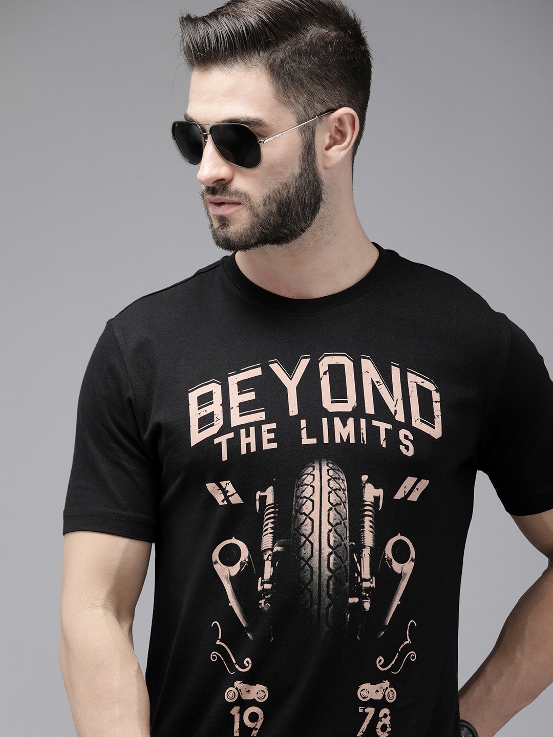 

Roadster Men Black Biker Printed Pure Cotton T-shirt