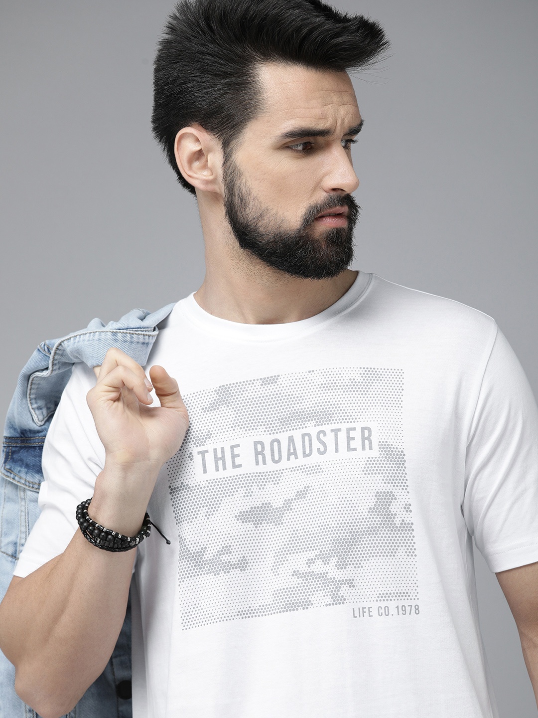 

Roadster Men White & Grey Graphic Printed Pure Cotton T-shirt