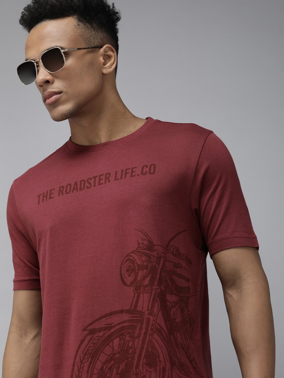 

Roadster Men Burgundy Biker Printed Pure Cotton T-shirt