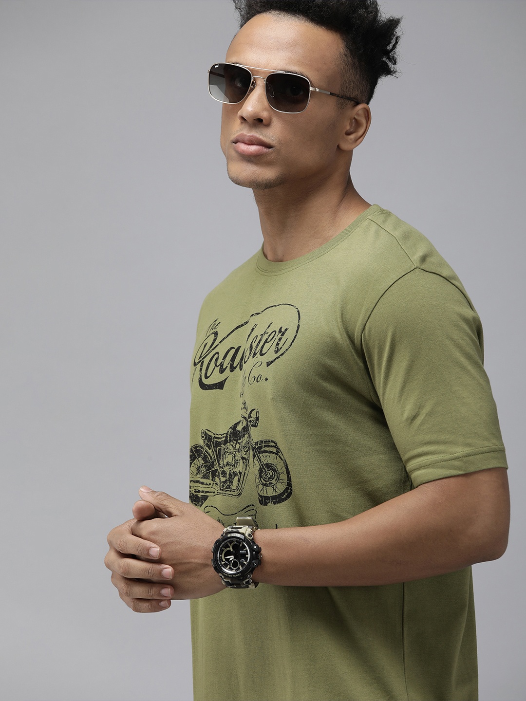 

Roadster Men Olive Green Biker Printed Pure Cotton T-shirt