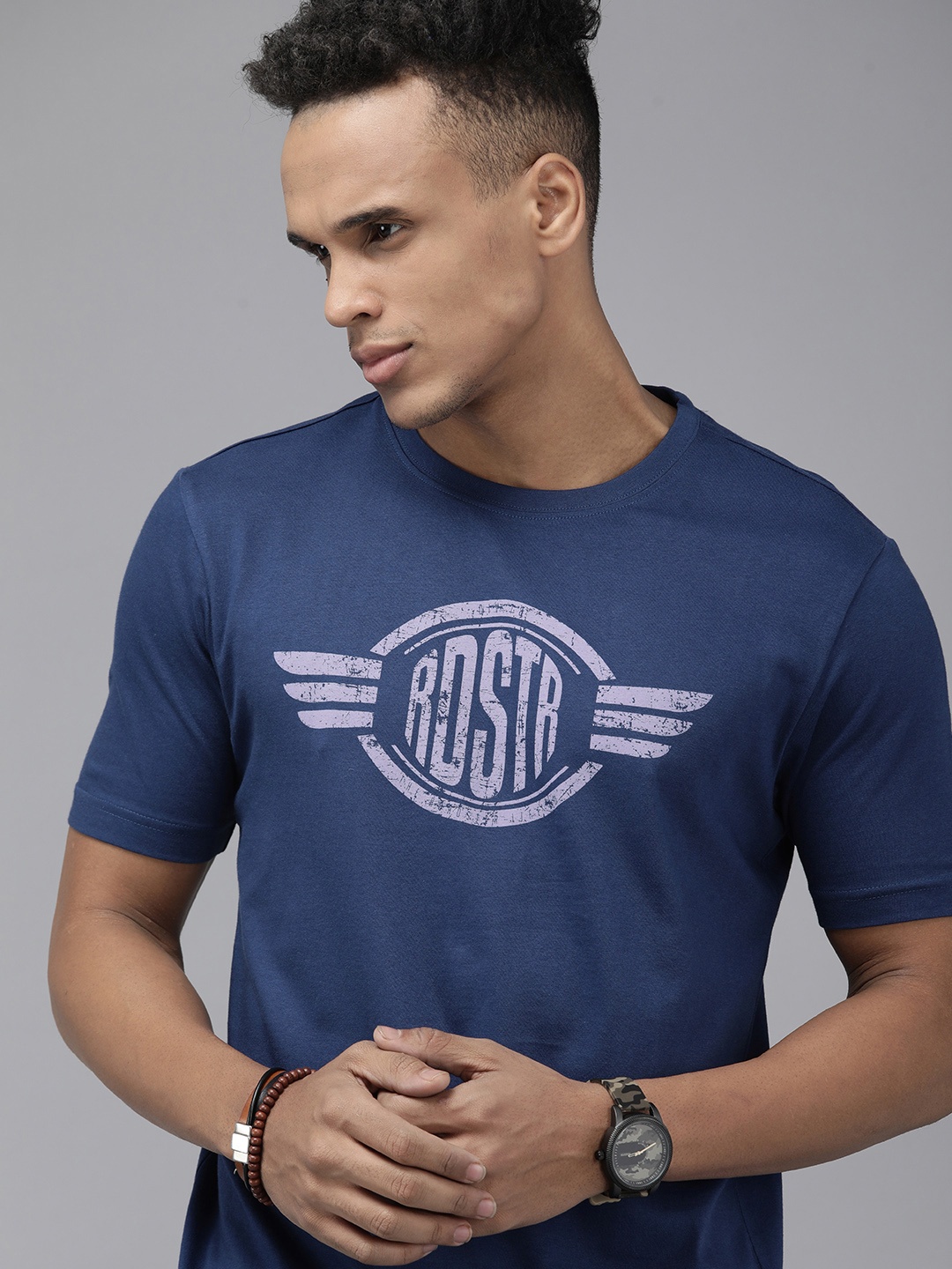 

Roadster Men Navy Blue Typography Printed Pure Cotton T-shirt