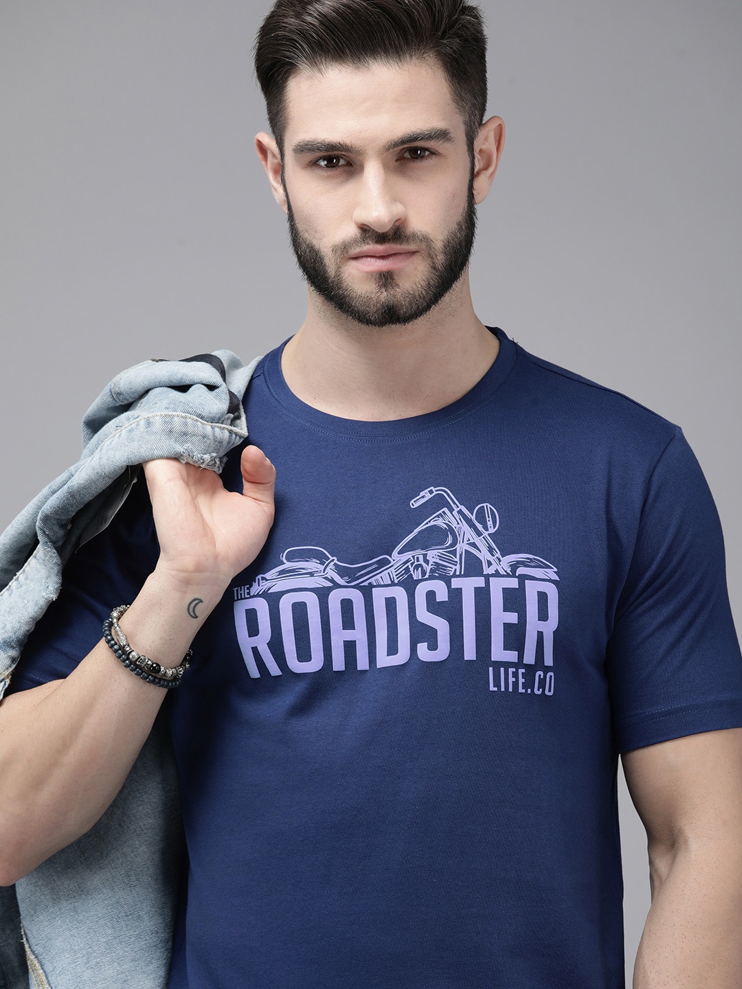 

Roadster Men Navy Blue Biker Printed Pure Cotton T-shirt