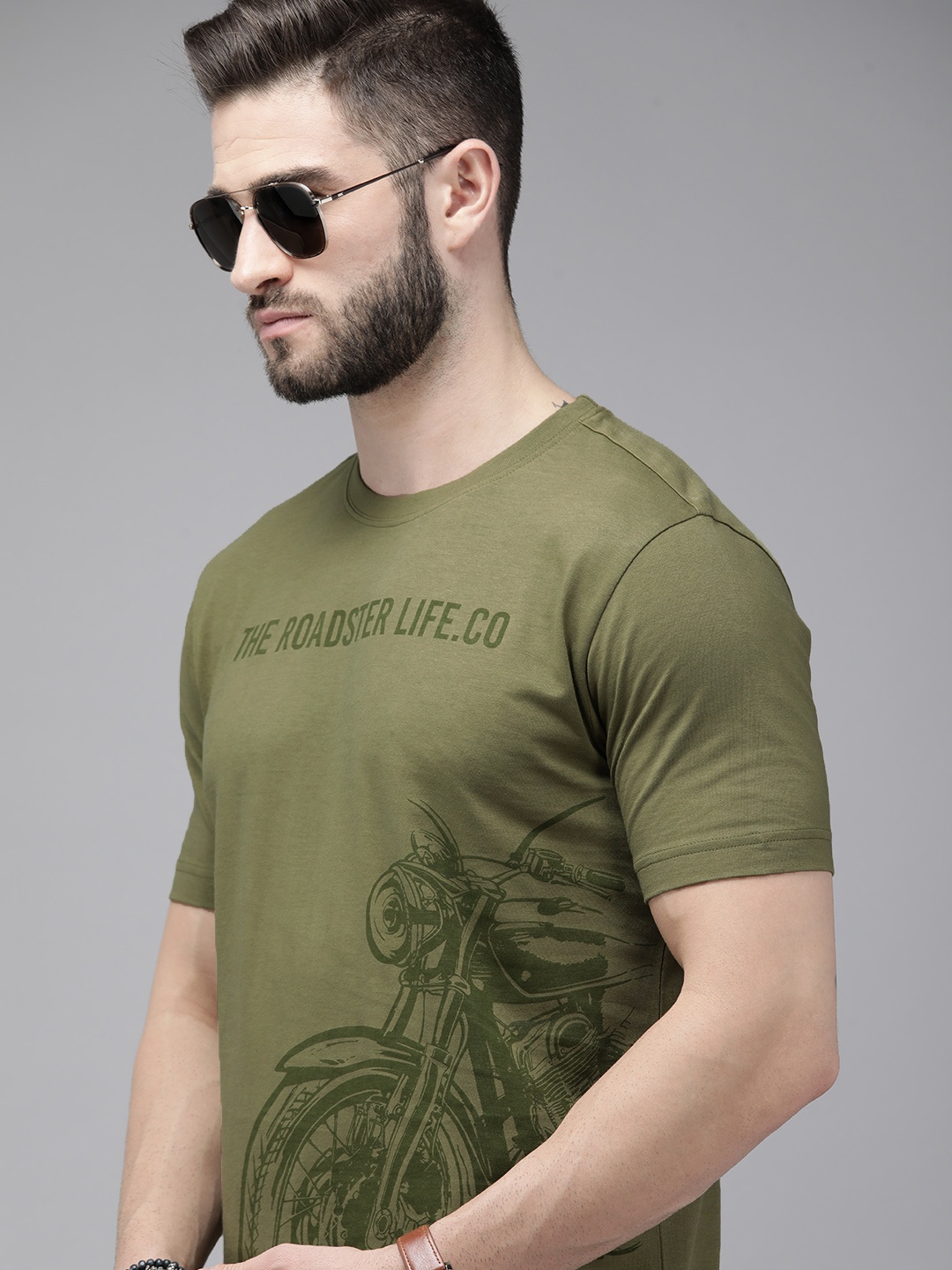 

Roadster Men Olive Green Biker Printed Pure Cotton T-shirt