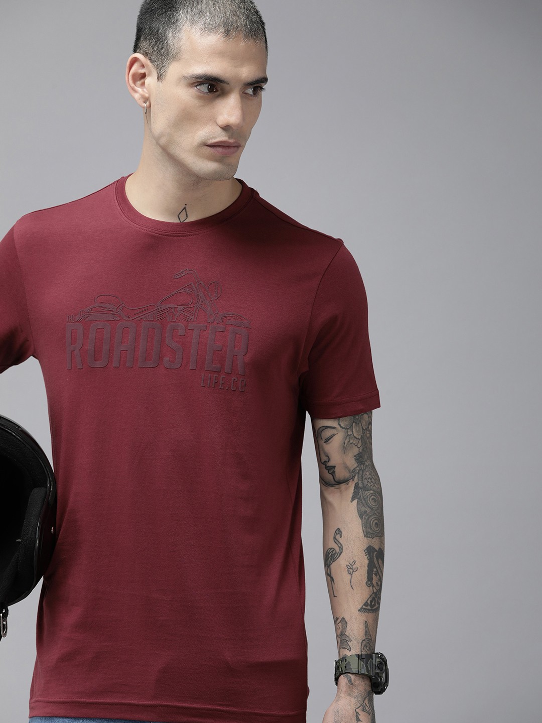 

Roadster Men Burgundy Biker Printed Pure Cotton T-shirt
