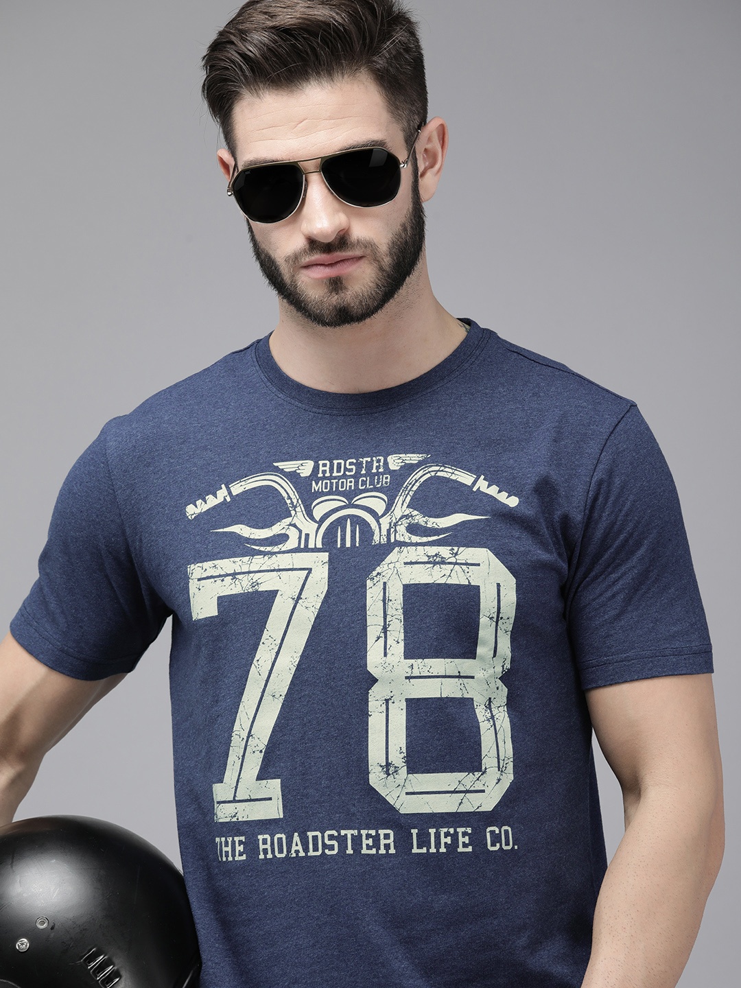 

Roadster Men Blue Biker Printed Pure Cotton T-shirt