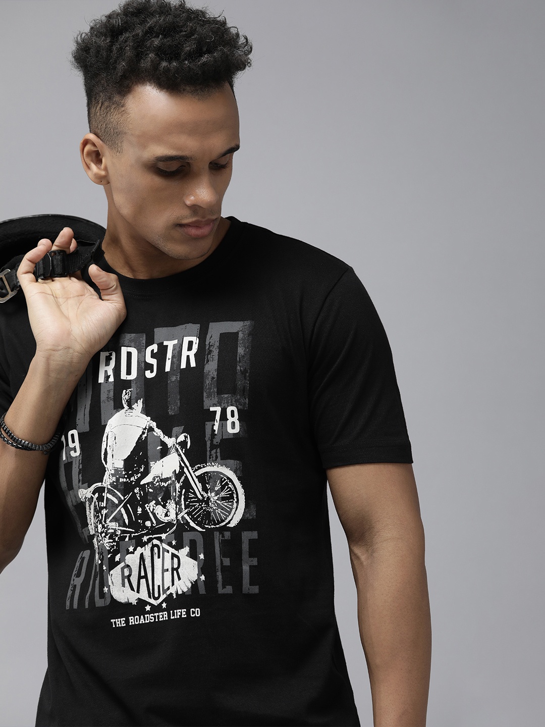 

Roadster Men Black Biker Printed Pure Cotton T-shirt