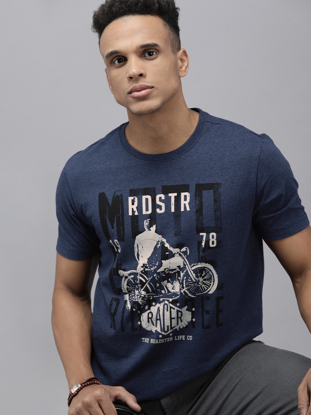 

Roadster Men Blue & Black Biker Printed Pure Cotton T-shirt