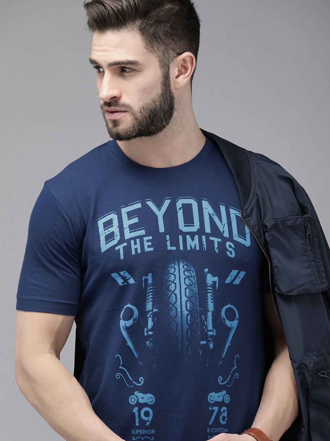 

Roadster Men Navy Blue Biker Printed Pure Cotton T-shirt