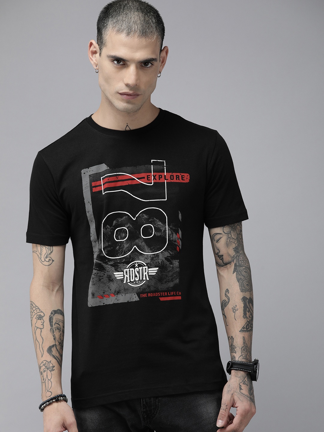 

Roadster Men Black Printed Pure Cotton T-shirt