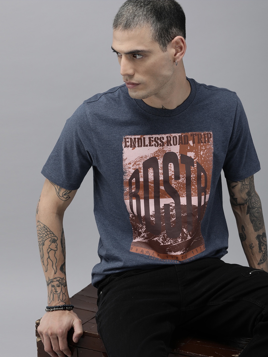 

Roadster Men Blue Brand Logo Printed Pure Cotton T-shirt