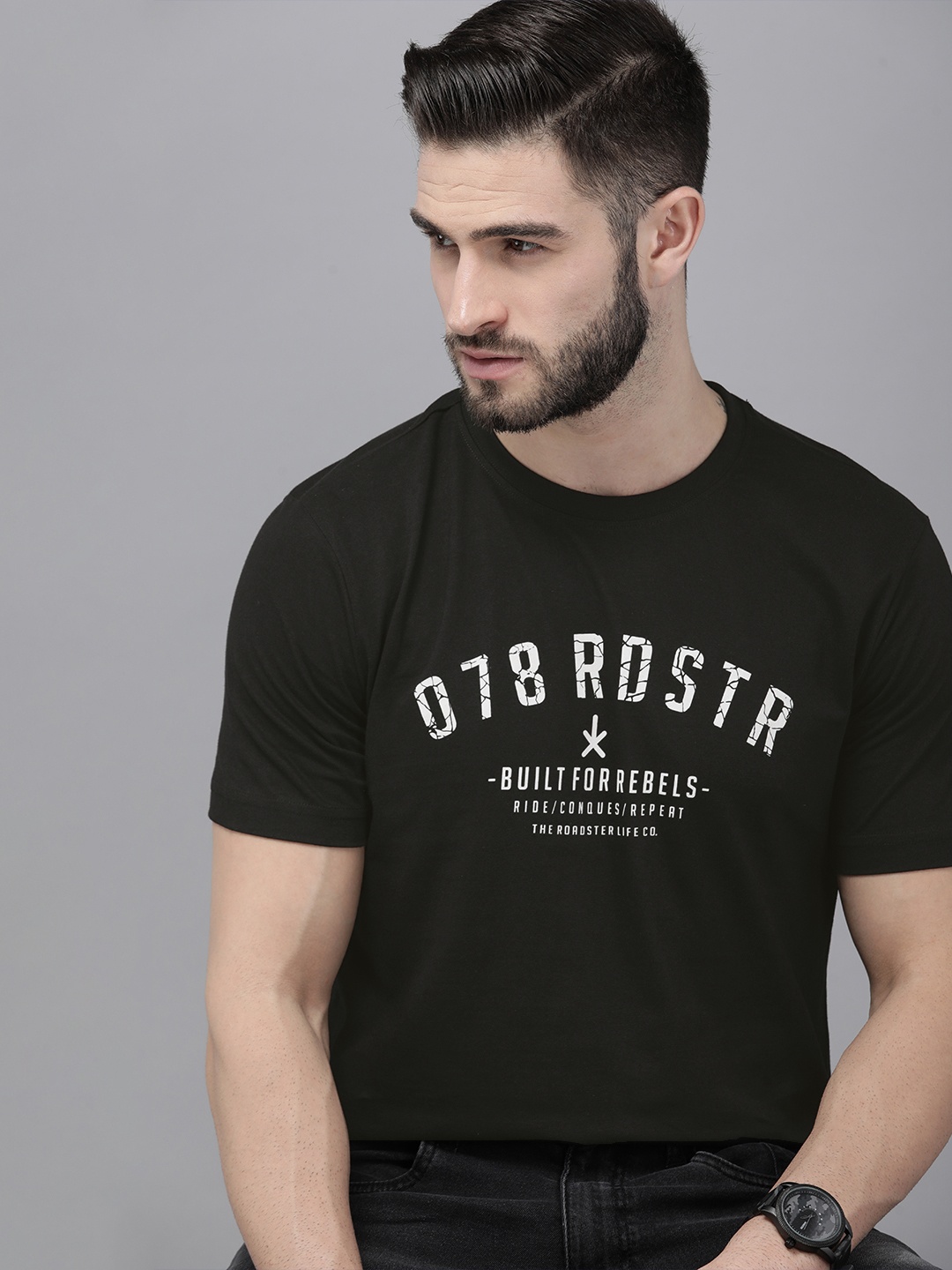 

Roadster Men Black Brand Logo Printed Pure Cotton T-shirt