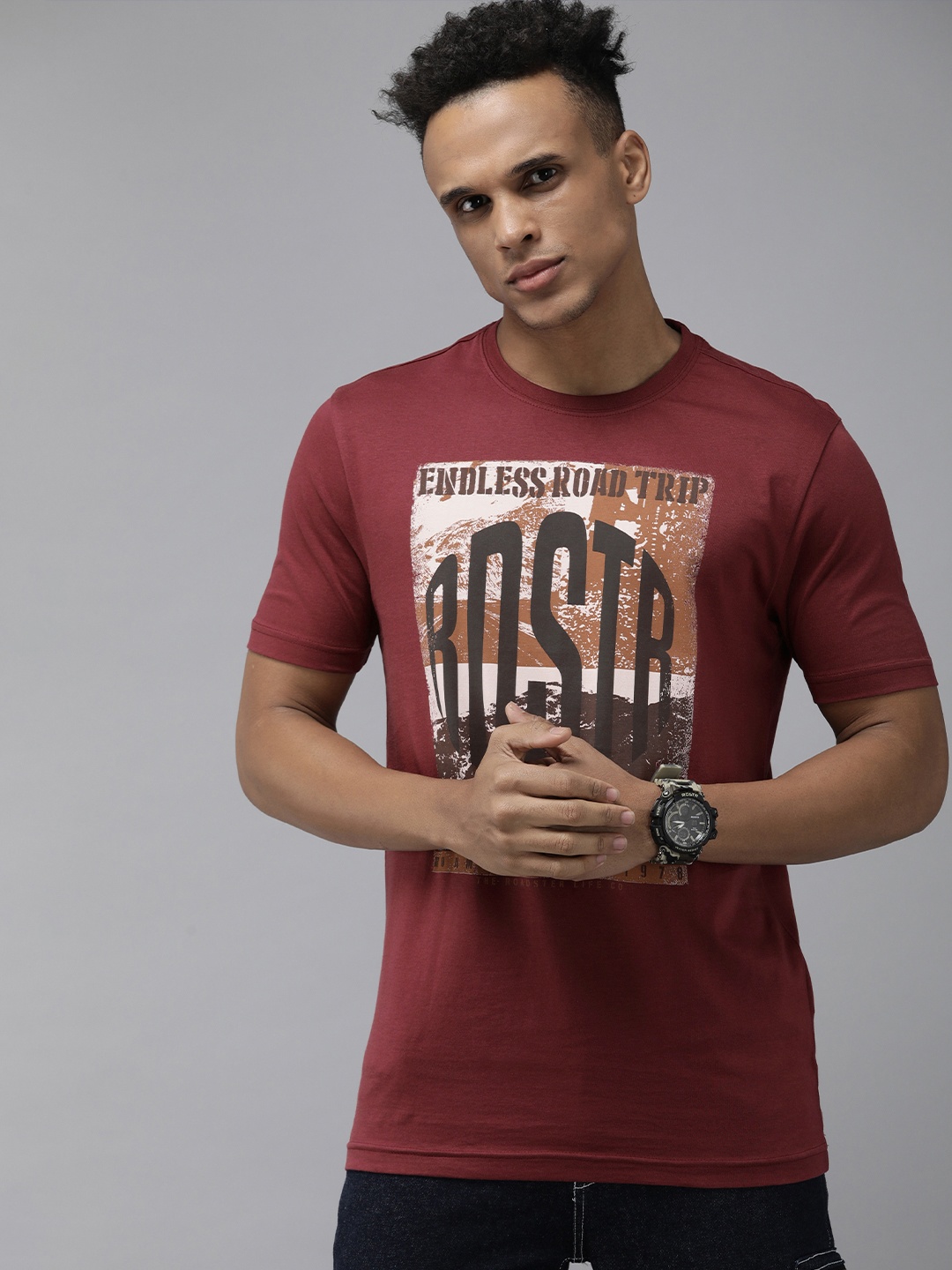 

Roadster Men Maroon Brand Logo Printed Pure Cotton T-shirt