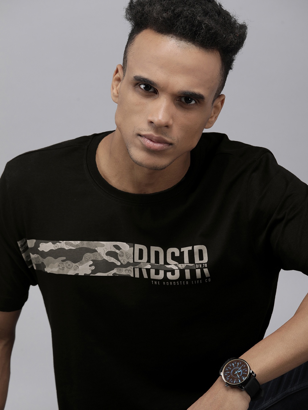 

Roadster Men Black Printed Pure Cotton T-shirt