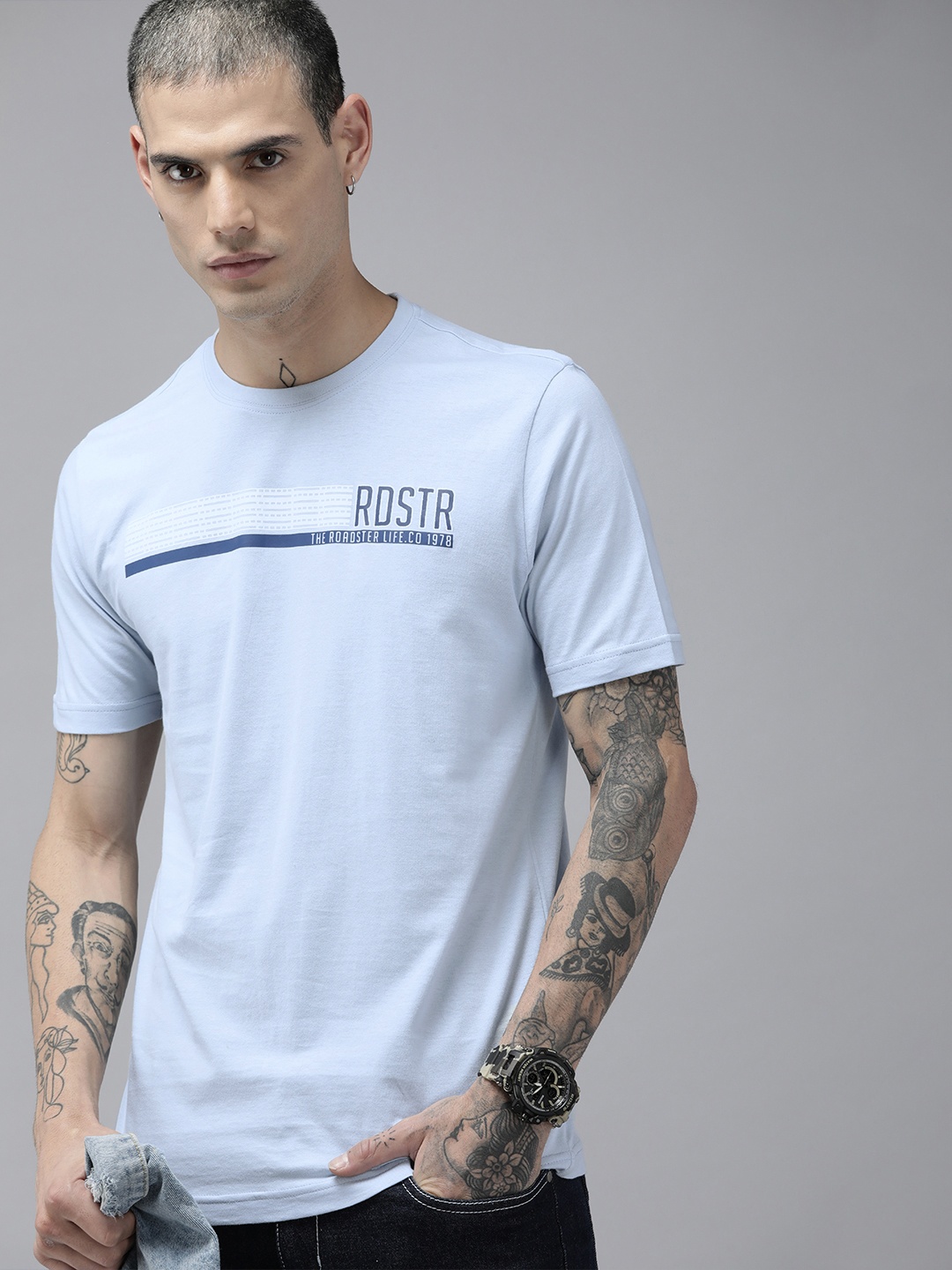 

Roadster Men Blue Brand Logo Printed Pure Cotton T-shirt