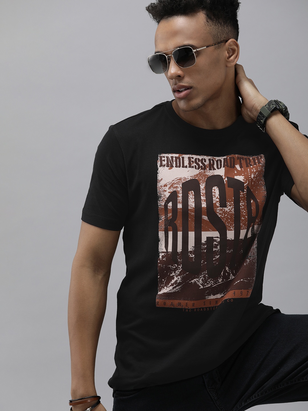 

Roadster Men Black Printed Pure Cotton T-shirt