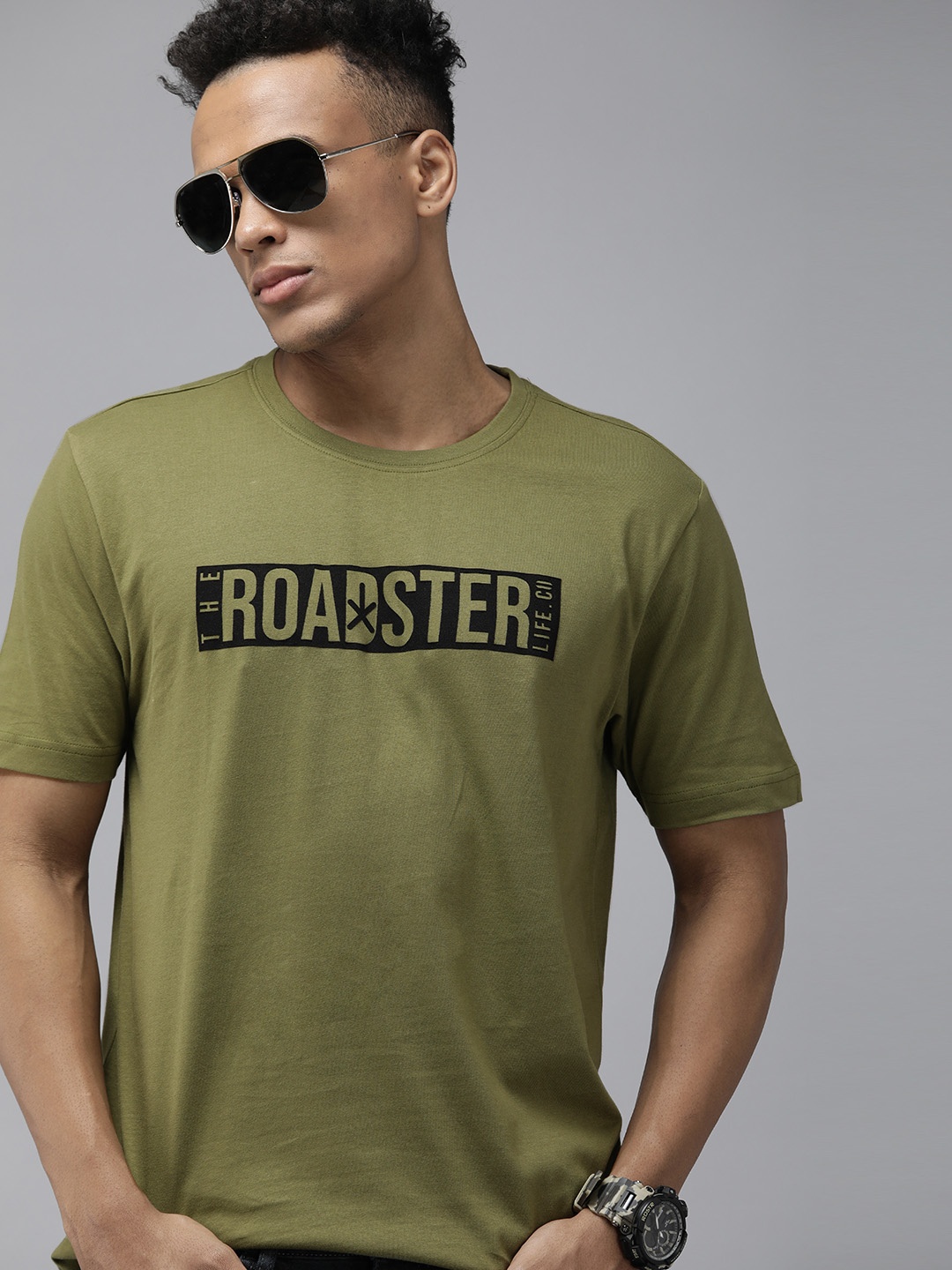 

Roadster Men Olive Green Brand Logo Printed Pure Cotton T-shirt