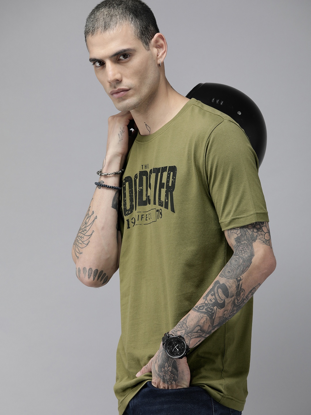 

Roadster Men Olive Green Brand Logo Printed Pure Cotton T-shirt