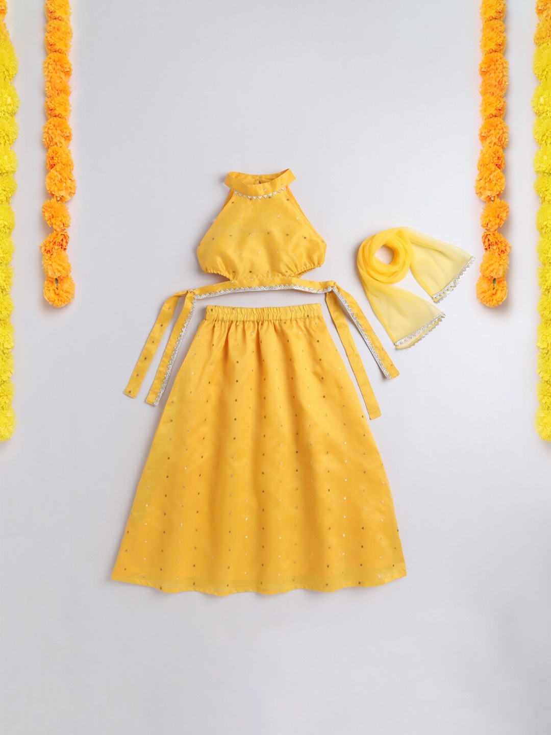 

taffykids Girls Yellow Embellished Ready to Wear Lehenga & Blouse With Dupatta