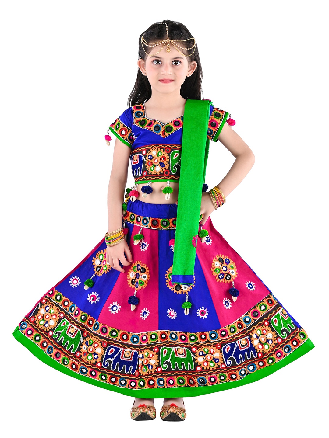 

ahhaaaa Girls Blue & Green Embellished Ready to Wear Lehenga & Blouse With Dupatta