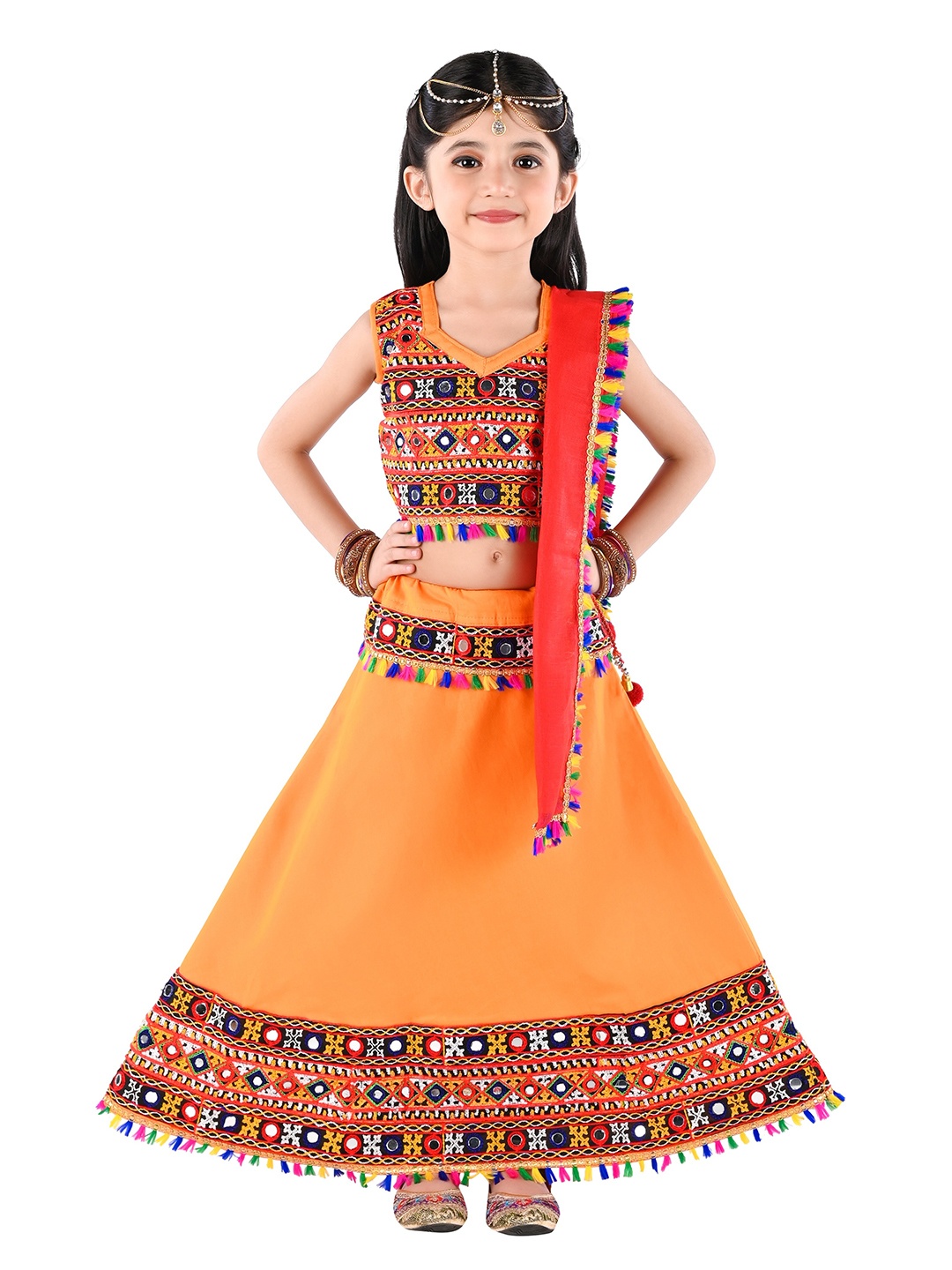 

ahhaaaa Girls Yellow & Red Embellished Ready to Wear Lehenga & Blouse With Dupatta