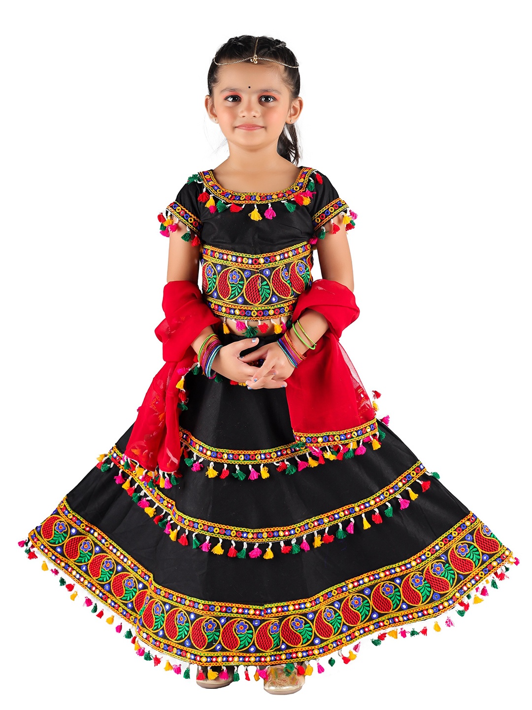 

ahhaaaa Girls Black & Red Embellished Ready to Wear Lehenga & Blouse With Dupatta