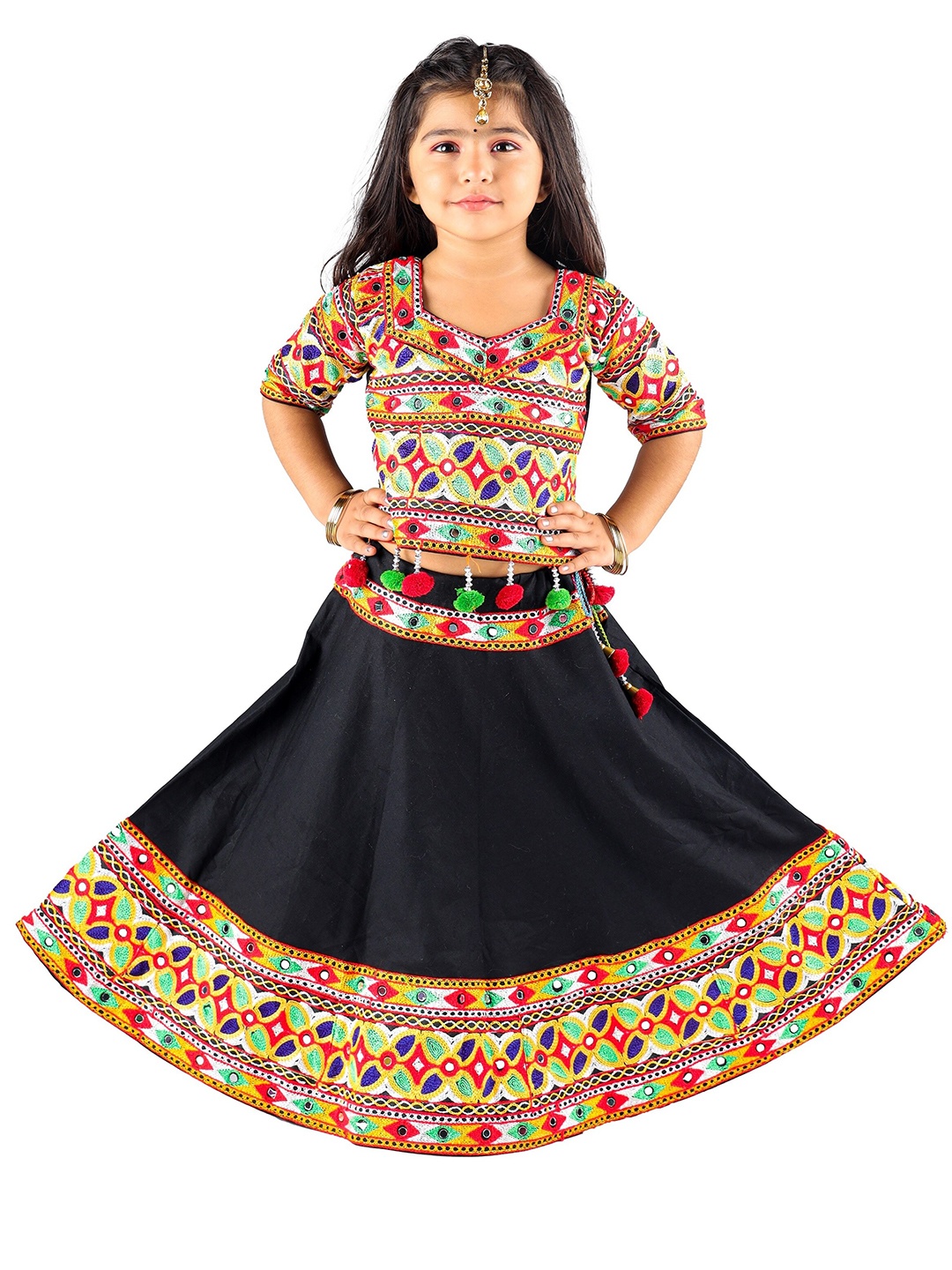 

ahhaaaa Girls Black & Red Embellished Ready to Wear Lehenga & Blouse With Dupatta