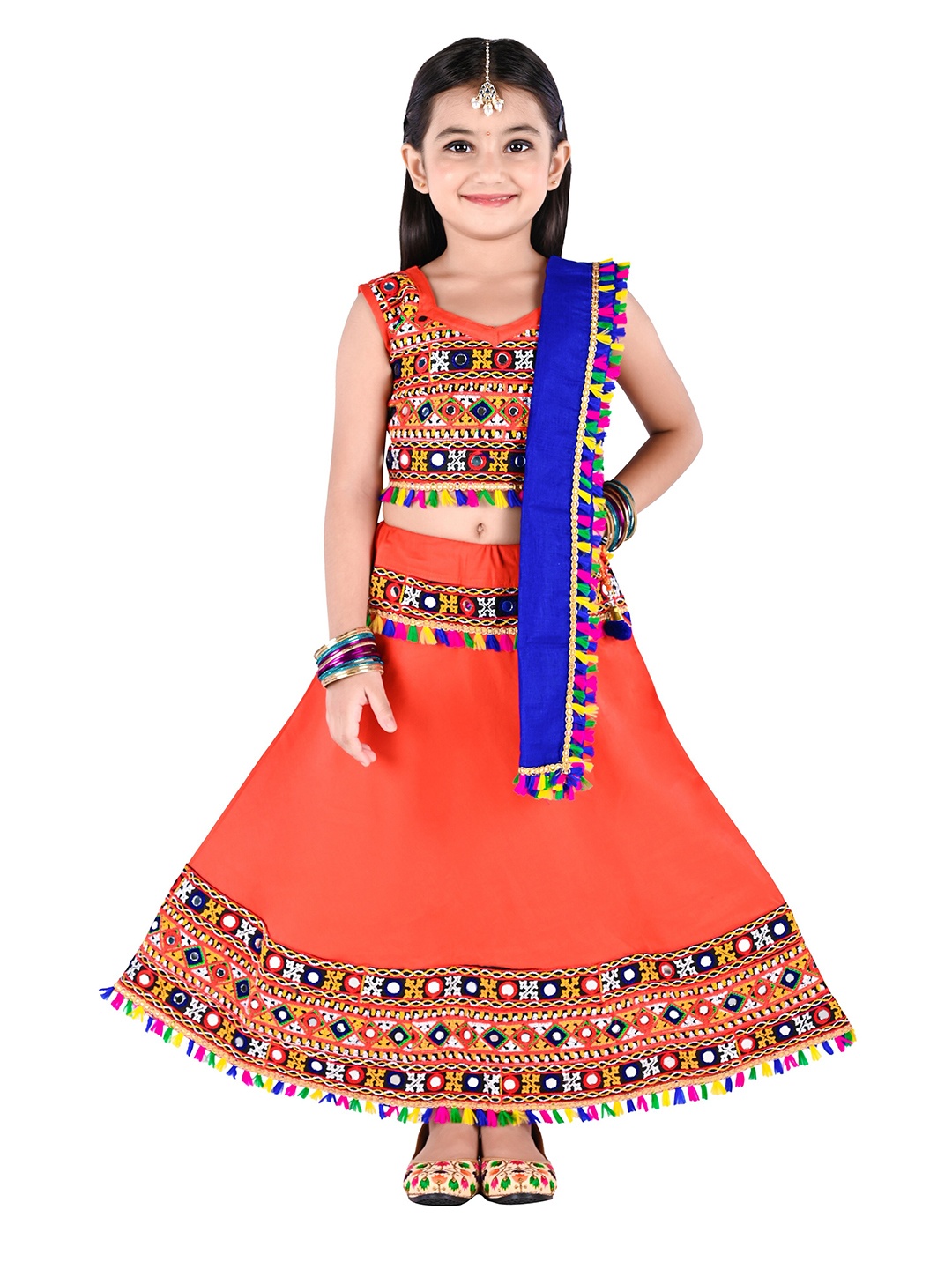 

ahhaaaa Girls Orange & Blue Embellished Ready to Wear Lehenga & Blouse With Dupatta