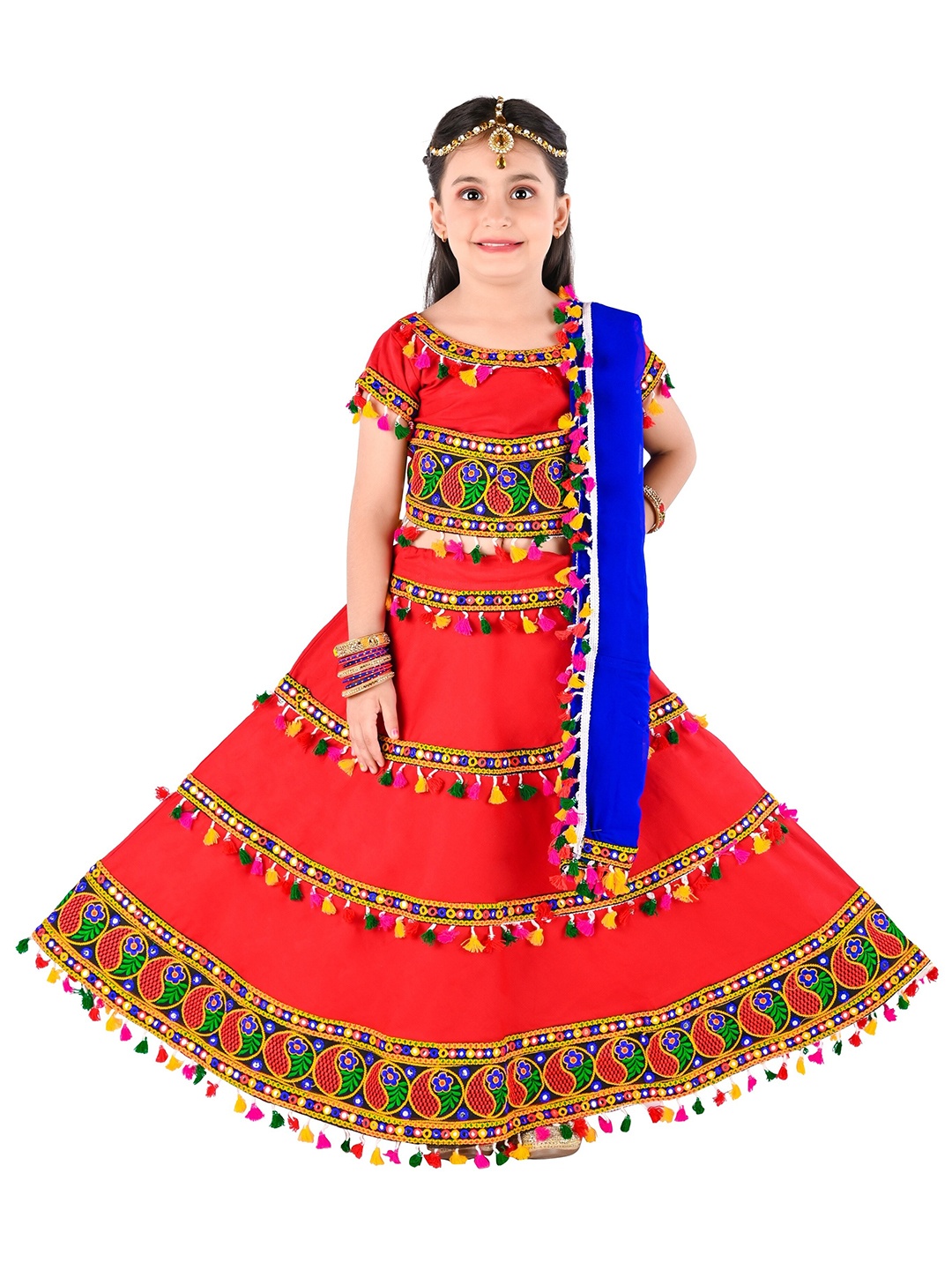 

ahhaaaa Girls Orange & Blue Embroidered Ready to Wear Lehenga & Blouse With Dupatta