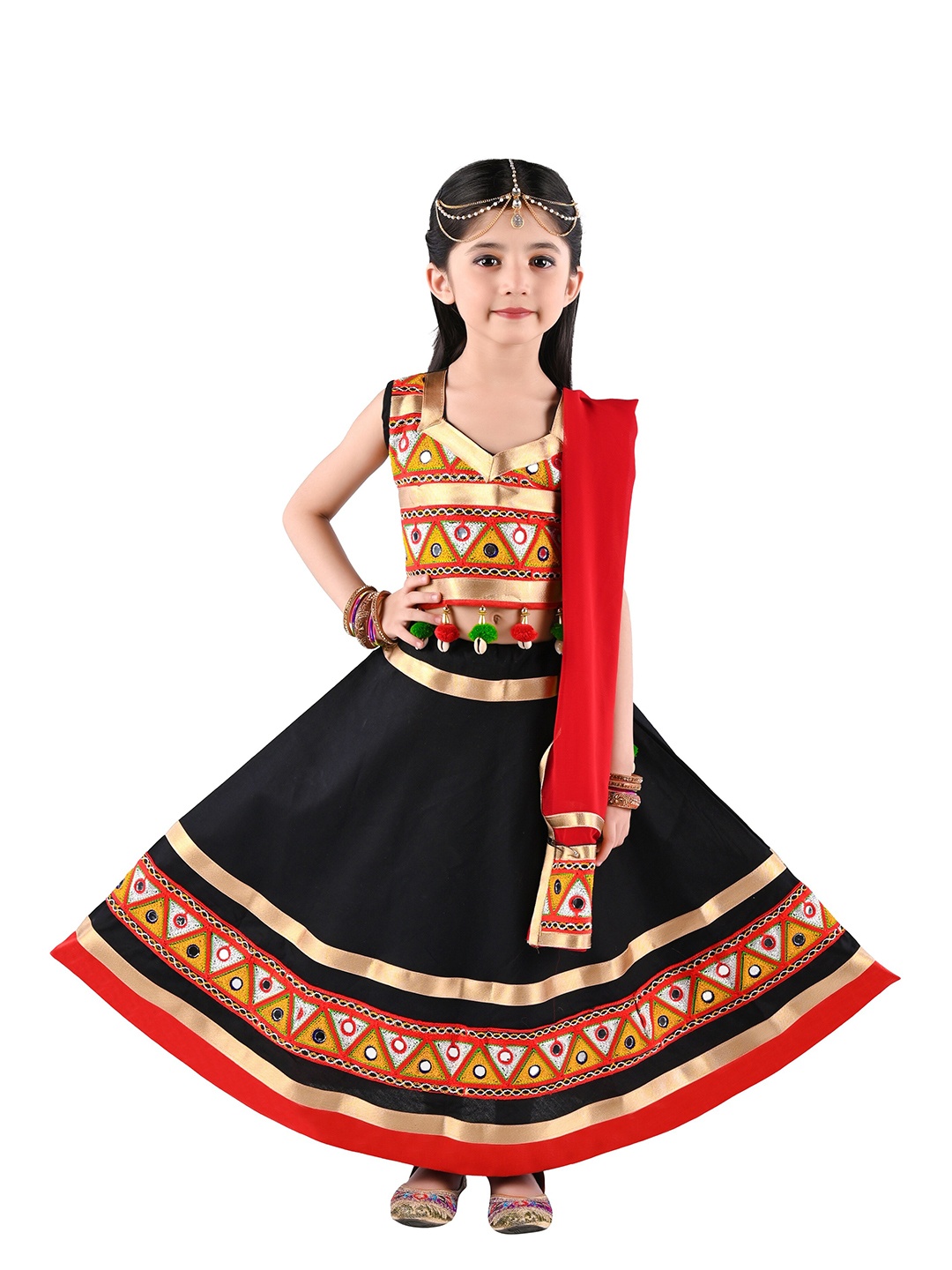 

ahhaaaa Girls Black & Red Embellished Ready to Wear Lehenga & Blouse With Dupatta