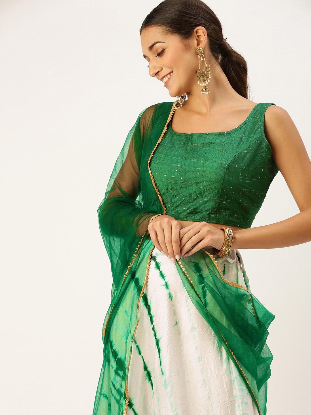 

DIVASTRI Green & White Shibori Cotton Semi-Stitched Lehenga with Blouse & Dupatta